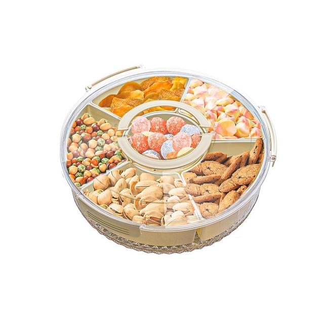 SUROQUE Divided Rotating Serving Tray with Lid & Handle, Portable Snack Spinner for Fruits, Veggies, Charcuterie, Party, Travel, Picnic, and Fridge Storage