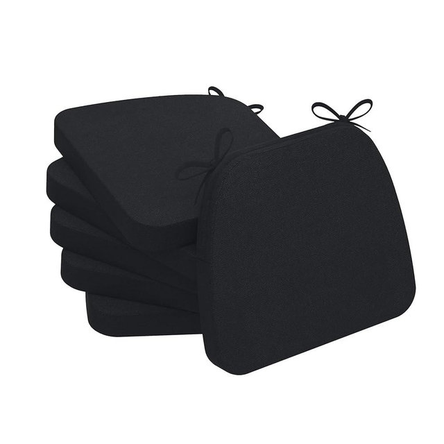 AAAAAcessories D-Shaped Chair Cushions, 2" Thick Dining Chair Pads with Ties and Removable, Machine-Washable Cover, 17" x 16", Set of 6, Black