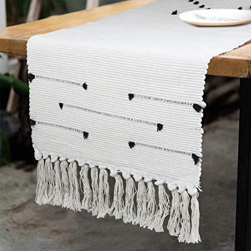 Moroccan Fringe Table Runner 14 X 87 in, KIMODE Bohemian Geometric Cotton Woven Tufted Tassels Macrame Farmhouse Dinning Table Linen Machine Washable Minimalist Home Decorative