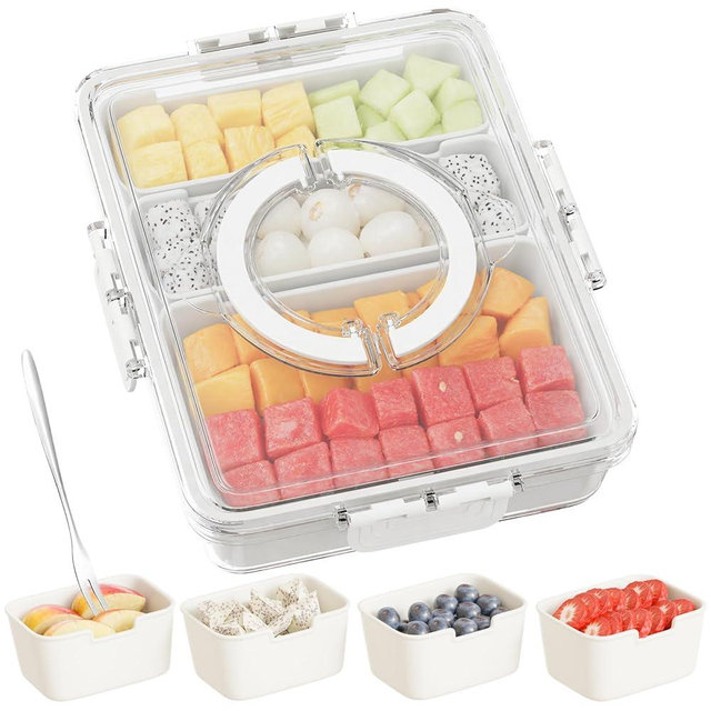 Futego Snackle Box Container,Divided Serving Tray with Lid and Handle,7 Portable Compartment Travel Snack Box for Candy Fruits Nuts Veggie for Road Trip Party Picnic