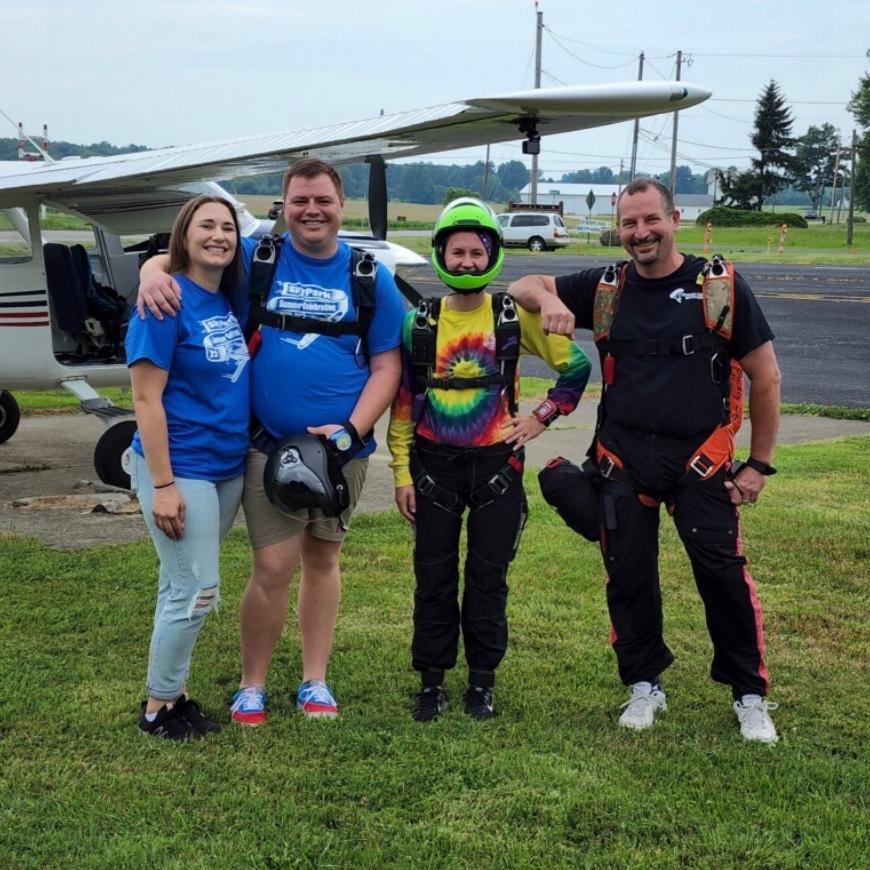 SkyPark summer celebration opening event. Jessica flew Adam and two of his skydiving mentors to jump into the event!