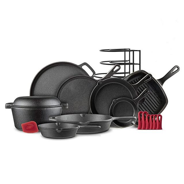 Cast Iron Cookware 11-Pc Set - 6" + 8" + 10" + 12" Skillet + Grill Pan&Lid + Griddle + Pizza Pan + Dutch Oven & Lid + Panrack + Silicone Handle Covers + Scraper/Cleaner - Indoor/Outdoor - Pre-seasoned