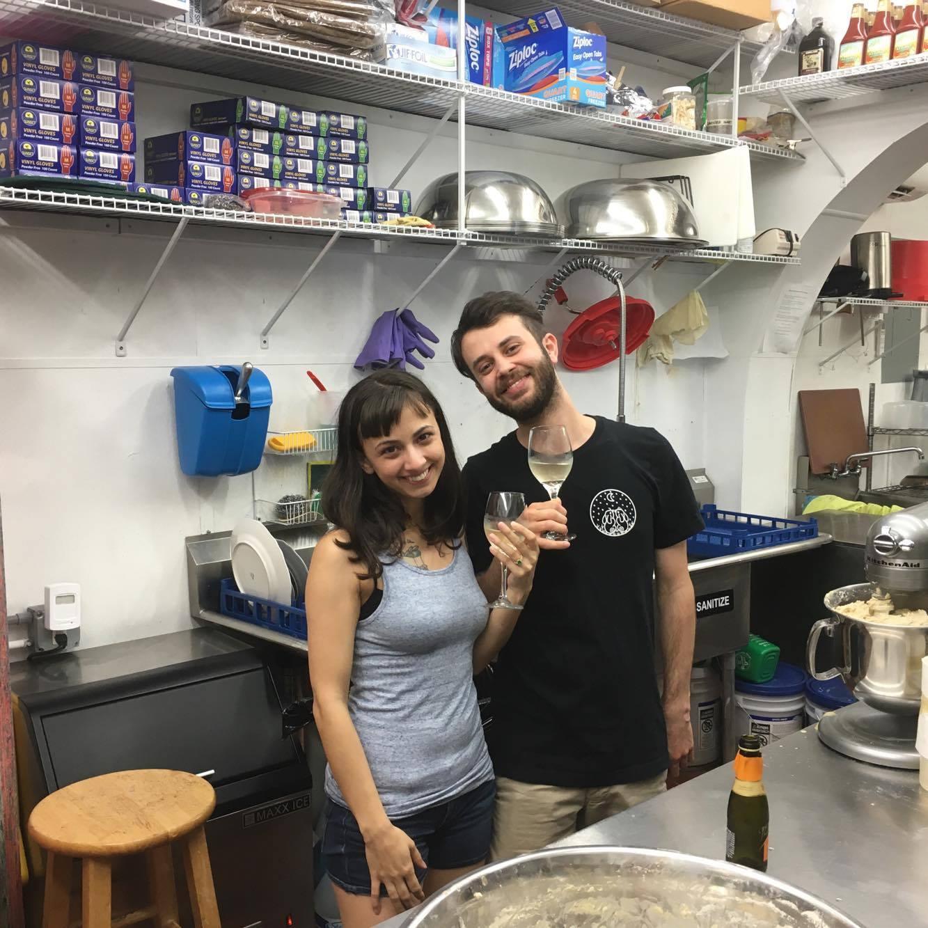 Toasting to our engagement just moments before, in our kitchen at work!