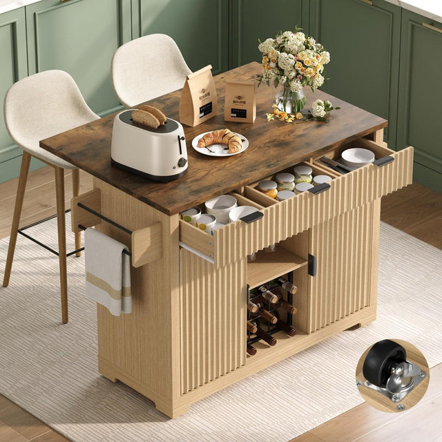 Kitchen Island with Drop Leaf, Rolling Kitchen Island on Wheels with Storage Cabinets, Wine Rack, 3 Drawers & Towel Rack, Natural