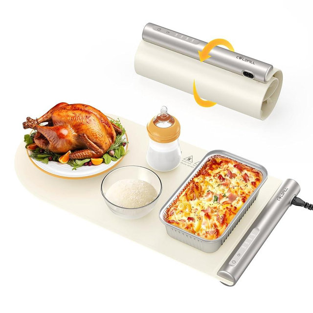 COLDFILL Warming Mat for Food, Electric Food Warmer with 4 Temperature Level and 6H Timer, Silicone Food Warming Mat(18.31"x9.45"), Rollable & Portable Warming Trays for Buffets Party,Home(Beige)