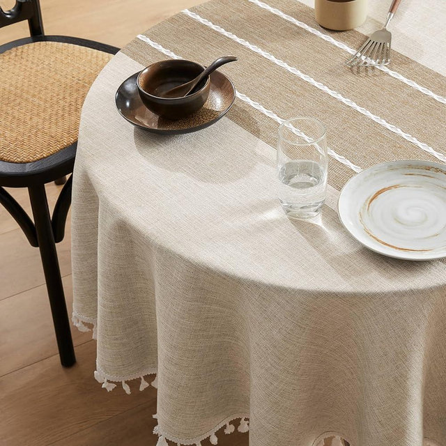 ZeeMart Contrast Linen Round Tablecloth 60 Inch Brown, Farmhouse Style Round Table Cloth Heavy Weight Beige Tablecloths, Water Resistant Burlap Table Cloths