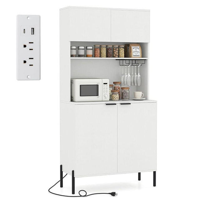 LOKO 64.5” Tall Kitchen Pantry Cabinet, Buffet Sideboard with Charging Station, Modern Wine Bar Cabinet with Wine Glass Rack, Kitchen Hutch Cupboard for Dining Room, Living Room (White)