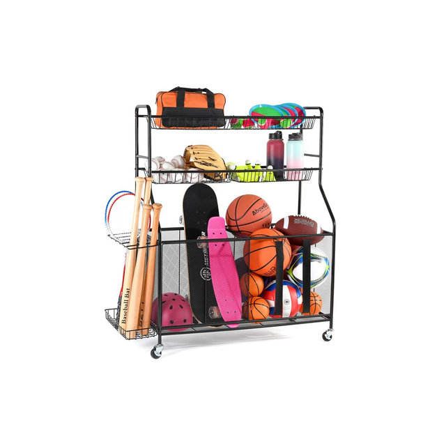 Ball Rack Organizer Holder For Garage - Indoor & Outdoor Large Garage Sports Equipment Organizer With Baskets, Rolling Wheels & Breaks - Homeitusa