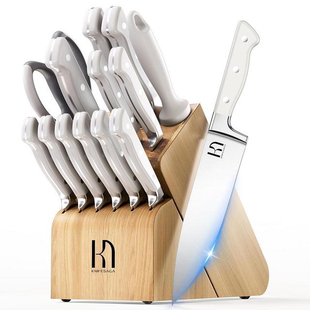 Knife Set, 15 Pcs Kitchen Knife Block Set, Enduring Razor-Sharp Japanese High Carbon Stainless Steel Chef Knife Set with Block and Sharpener, Premium Knives Set for Kitchen, White Natural Wood