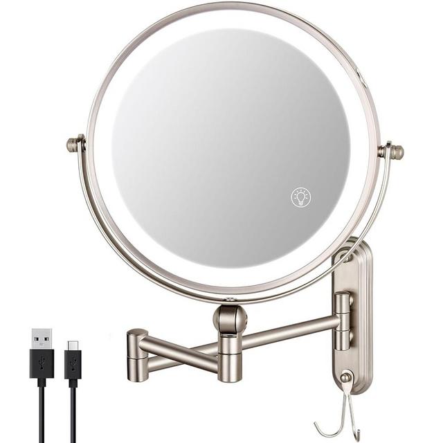 GREENFROM Height Adjustable Wall Mounted Makeup Mirror, 8 Inch Double-Sided 1X/10X Magnifying Mirror with Lights 360 Swivel Extendable Arm Mirror with Hook