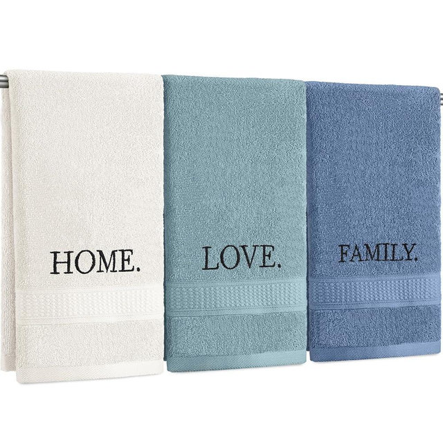 FuWeave 3 Pcs Home Love Family Decorative Hand Towels for Bathroom and Kitchen Rustic Embroidered 100% Cotton Hand Towels Decorative Set for Bathroom Kitchen Decor