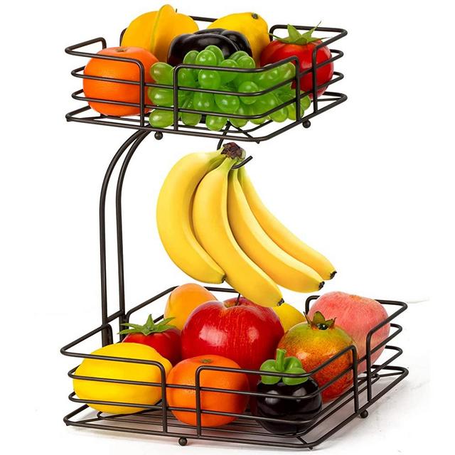 Auledio 2-Tier Square Countertop Fruit Vegetables Basket Bowl Storage With Banana Hanger, Brone