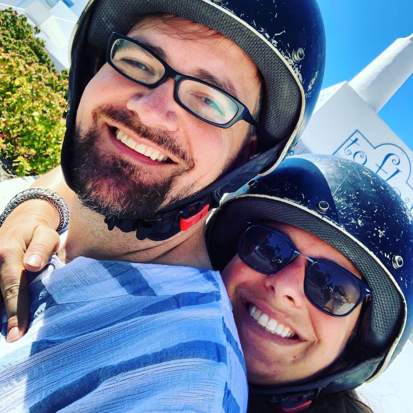 On an ATV in Santorini, newly engaged!