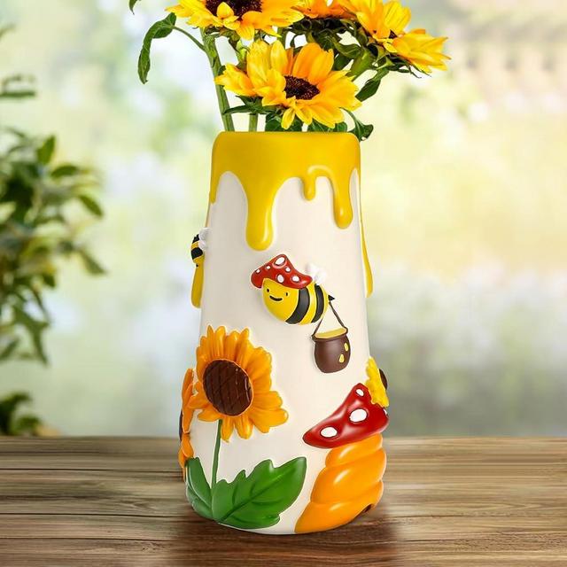 GUGUGO Cute Bee Sunflower Vase, Colorful Decorative 8 Inch Tall Vases for Flowers, Unique Funky Flower Vase for Home Décor, Eclectic Aesthetic Gardening Gifts for Plant Lover, White