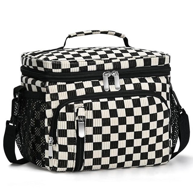 MIAOJIE Insulated Lunch Bag for Men & Women, 9L Leakproof Lunch Box Soft Cooler Tote with 5 Pockets, 600D Oxford, EVA Lining, Adjustable Strap for Work, Picnic, Beach&Travel-Corduroy Black Checkered