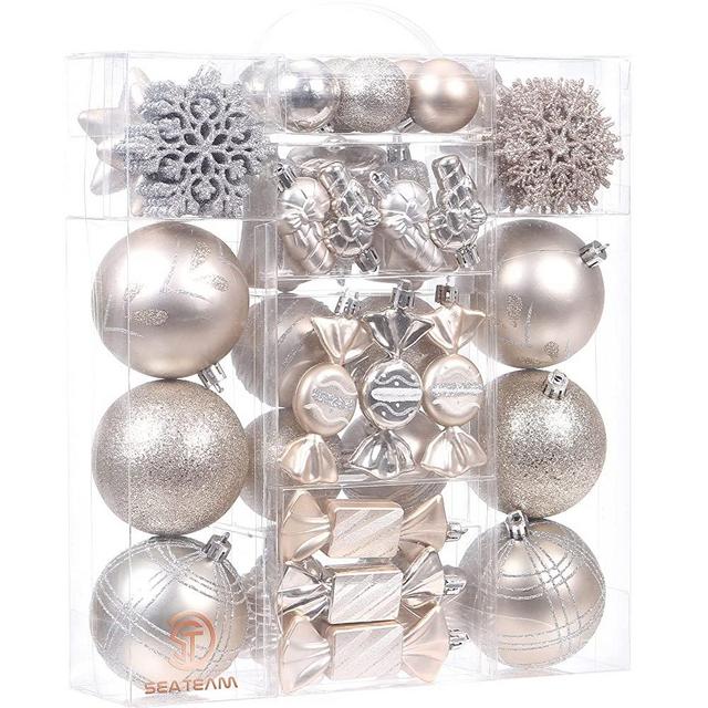 Sea Team 50-Pack Assorted Shatterproof Christmas Ball Ornaments Set, Baubles, Candy Canes, Bells, Snowflakes, Pendants, Finial Drops, Xmas Tree Decorations, Champagne
