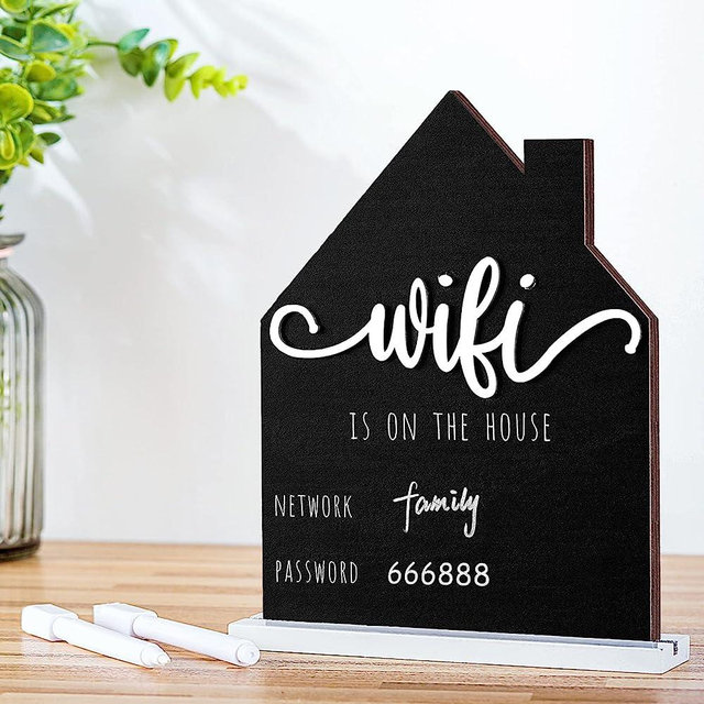 WiFi Pattern Password Sign for Home Wooden Table WiFi Pattern Sign Wooden WiFi Pattern Sign with Board Erasable Pen Chalkboard Table Centerpieces Decoration for Home Business and Guests (Black)