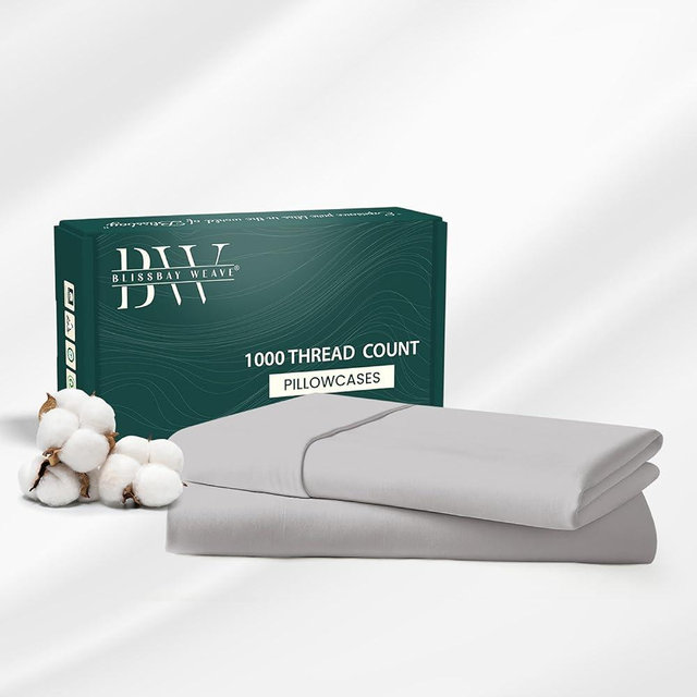 BlissBay Weave 100% Egyptian Cotton Pillow Cases Standard/Queen Size Set of 2, 1000 Thread Count Pillow Covers Sateen Weave Soft Luxury Wrinkle Resistant Envelope Closure | 30" L x 20" W | Silver