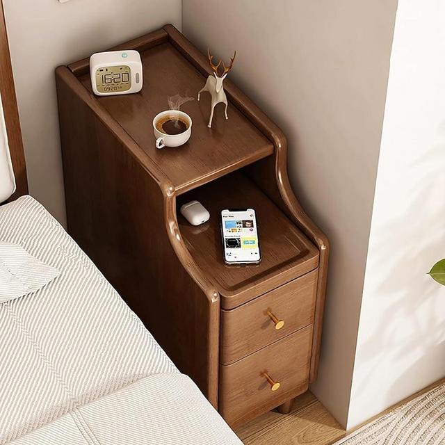 Narrow Nightstand for Bedroom, Solid Wood Bedside Table with 2 Drawers & Open Sliding Shelf, End Side Table Mid Century Modern Night Stand for Small Spaces (20x40x50cm(8x16x20in), Brown)