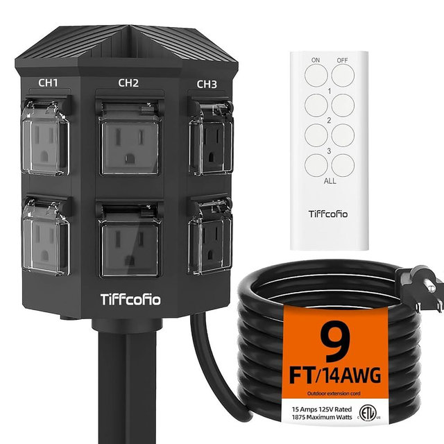 Outdoor Remote Control Power Strip, 9FT Extension Cord Waterproof, Independent Control Outlets, 6 Grounded Outlets for Outdoor Decorations, 14 AWG, 15A/1875W, ETL Listed (9 FT)