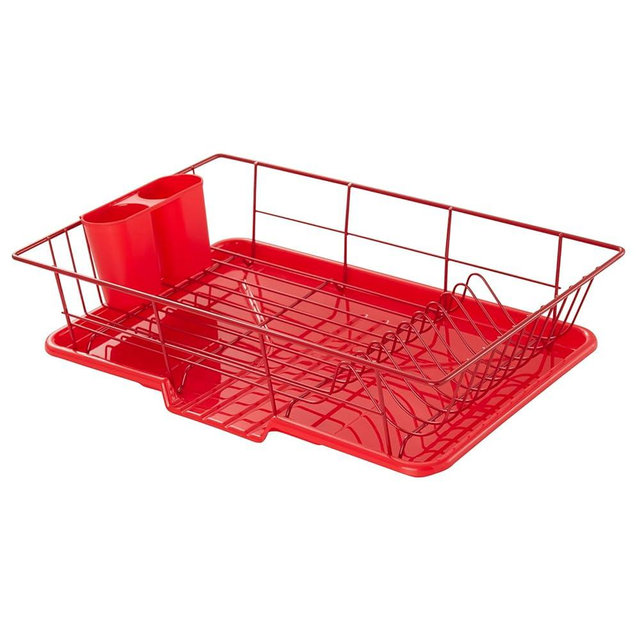 Sweet Home Collection Space-Saving 3-Piece Dish Drainer Rack Set: Efficient Kitchen Organizer for Quick Drying and Storage - Includes Cutlery Holder and Drainboard - Maximize Countertop Space, Red
