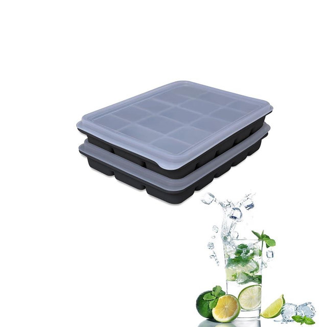 Tvmania Ice Cube Trays Set of 2, Easy Release 15 Flexible Silicone Ice Cube Molds with Removable Lid Reusable Freezer Ice Trays Stackable for Whiskey, Baby Food, BPA Free (black)