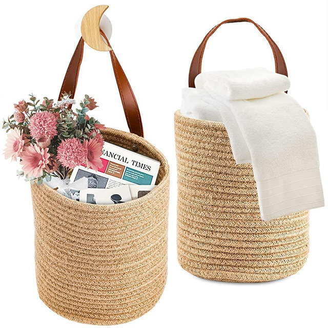 YOUEON Set of 2 Jute Hanging Basket 8.5" x 6.5", Wall Hanging Planter Baskets, Jute Woven Hanging Storage Baskets, Small Woven Baskets for Sunglasses Wallet Keys Flower Plants Towels Toys
