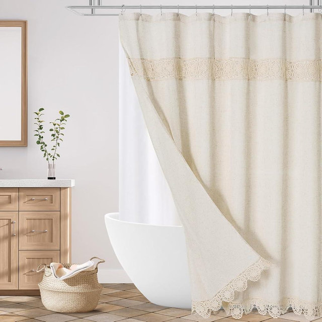 Gibelle Extra Long Boho Farmhouse Shower Curtain, Linen Cotton Fabric Bath Curtain with Macrame Lace Decor, Modern Bohemian French Country Chic Shower Curtain Set with PEVA Liner 72x84 - Beige/Cream