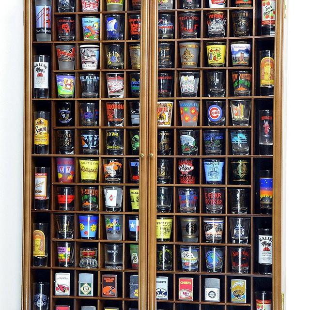 108 Shot Glass Shotglass Shooter Display Case Holder Cabinet Wall Rack 98% UV Lockable Door -Walnut