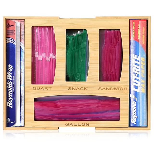 Ziplock Bag Storage Organizer - Expandable Kitchen Drawer Organizer for Food Storage Bag - Premium Bamboo Dispenser Compatible with Ziploc, Hefty, Glad, Solimo - Suitable for Gallon, Quart, Sandwich & Snack Variety Size Plastic Bags and 12" Aluminum Foil and Wax Paper