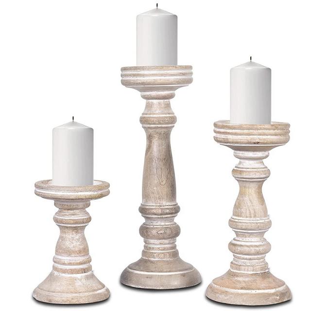 Mela Artisans Whitewashed Hand Carved Wooden Pillar Candle Holders - Set of 3 | Chennai Decorative Style | Crafted from Mango Wood | Rustic Table Centerpiece Decor | Sized 6", 9" and 12"