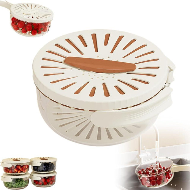 2 in 1 Draining and Preservation Basket, Simplify Washing & Storing, Multifunctional Fruit and Vegetable Washing Bowl with Rotating Lid & Foldable Handles, Large Capacity (Brown)