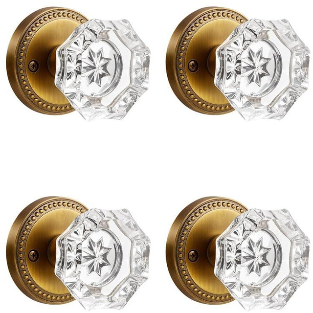 SORWDUERM 4 Pack Antique Brass Door Knobs Crystal Door Knob Passage Door Knobs Glass Interior Door Knob for Hall and Closet Zinc Alloy