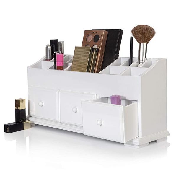 Vanity Drawer Beauty Organizer 3 Drawers - Wooden Cosmetic Storage Box for Neat & Organize Storing of Makeup Tools, Small Accessories at Home & Office Vanities & Bathroom Counter-top (White)