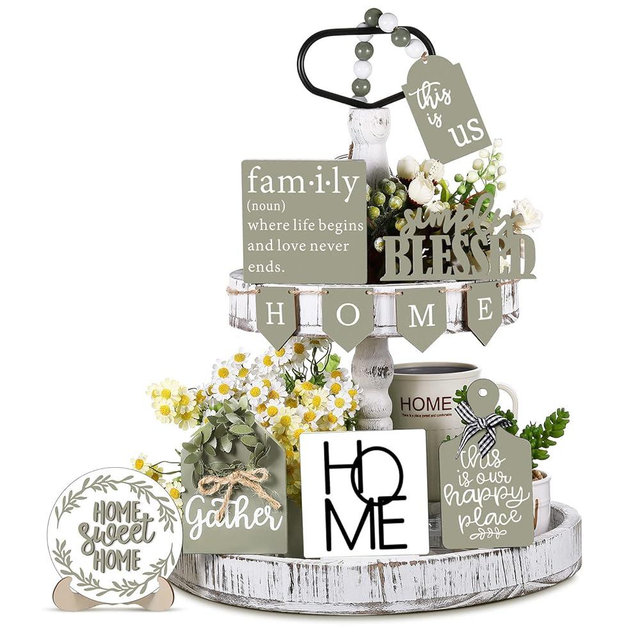 11 Pieces Farmhouse Tiered Tray Decor Wood Sign Rustic Home Sweet Home Simply Blessed This is Us Wooden Beads Tray Decorations Set for Home Kitchen Table Shelf