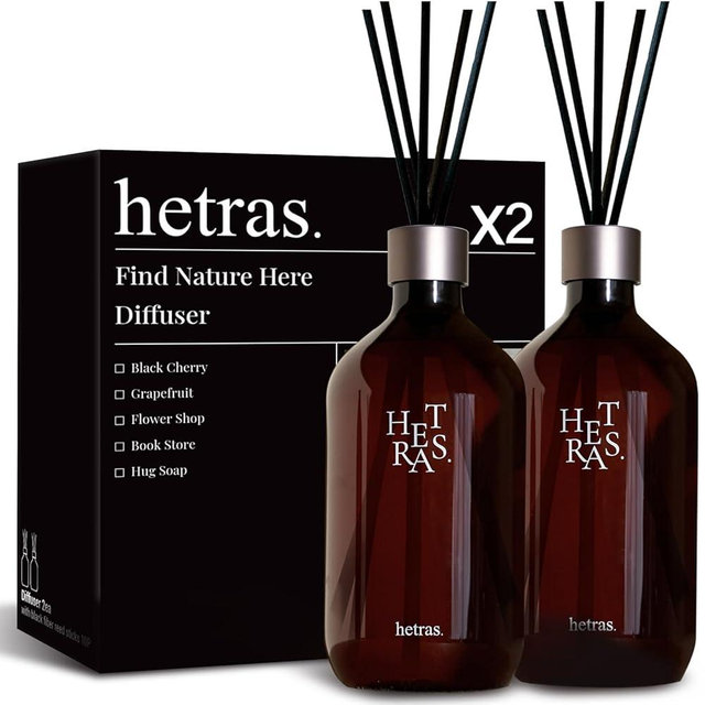 hetras Premium Reed Diffuser Set (Black Cherry Scent)–Large Capacity Value 2-Pack | 16.9 fl.oz (500ml) x 2 Bottles with 10 Reed Sticks Total | Rich Blackcherry & Amber Aroma | Luxury Decor & Gift