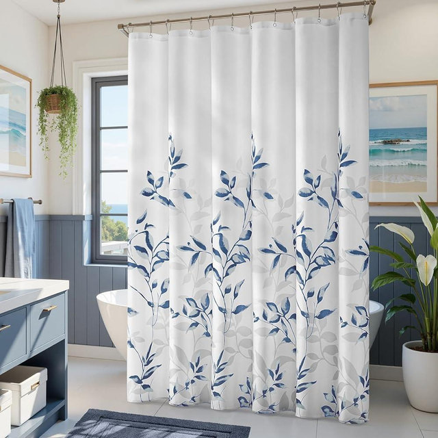 HOMEIDEAS Blue Botanical Leaf Shower Curtain 72 x 72 Inch, Waterproof Fabric Bathroom Shower Curtain, Machine Washable Polyester Curtain for Bathtub or Shower Stall
