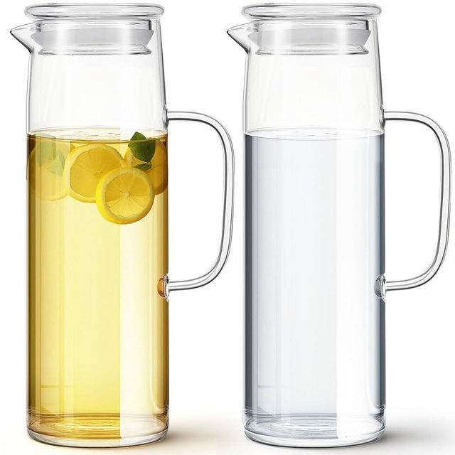 Hsei 2 Sets Glass Pitcher with Lid, 50 oz / 1500 ml Water Carafe with Handles Hot Cold Beverage Water Jar Glass Jug for Tea Juice Milk Coffee Iced Beverage (Glass Lid)