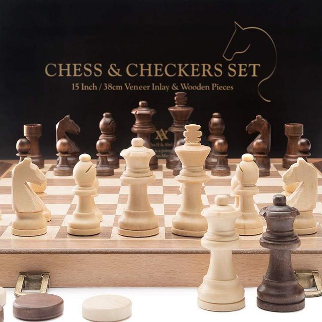 Alex.H & Abel.C 15" Folding Wooden Chess & Checkers Set w/ 3" King Height German Knight Staunton Chess Pieces / 2 Extra Queen / Classic 2 in 1 Board Games
