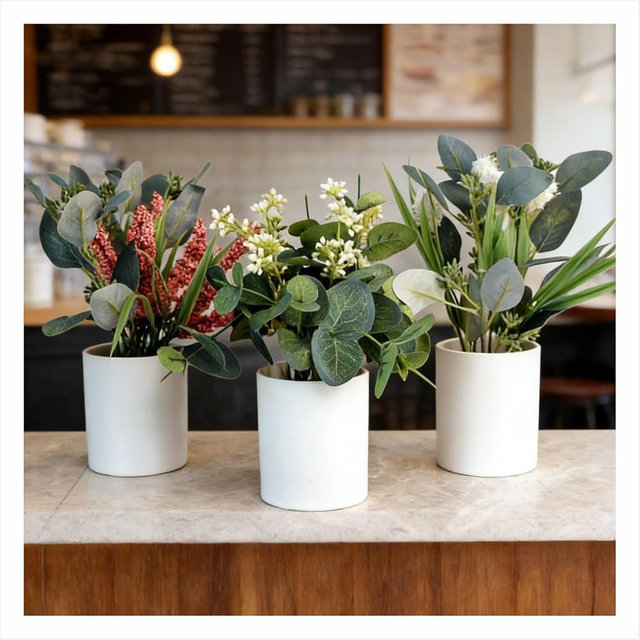 VINSUNI Fake Flowers with White Ceramic Vase, Eucalyptus Leaves and Pink Berry Stems, 3 Pack Artificial Plants for Bathroom, Faux Plants Indoor for Coffee Table Centerpieces Home Decor Office