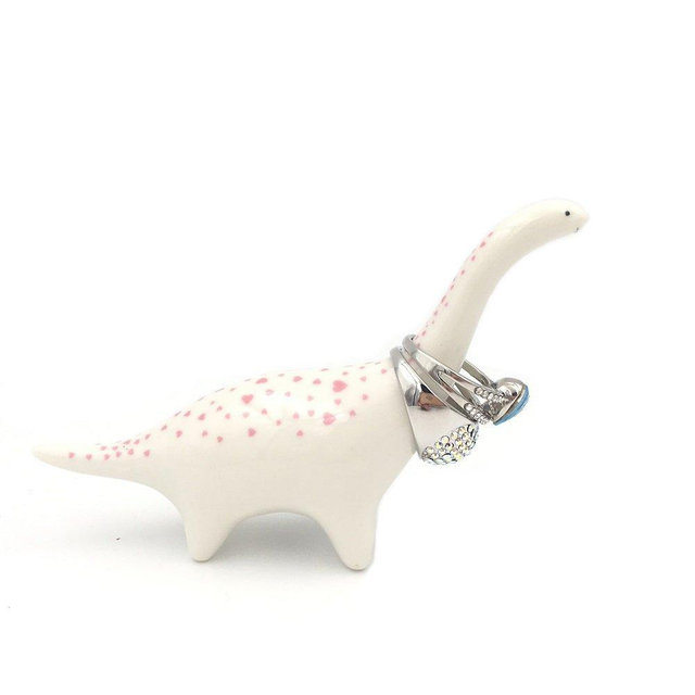 OYLZ Adorable Little Ceramic Dinosaur Jewelry Ring Holder with Pink Heart Spot