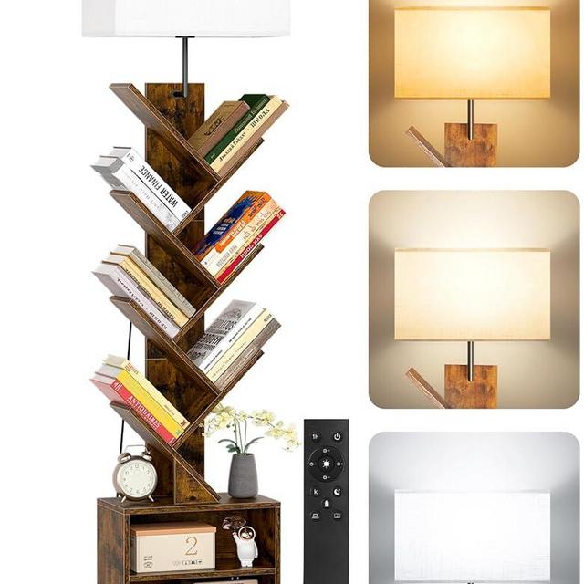 OUTONLIFE 9 Tier Tree Bookshelf with Lamp, Remote, Timer & Cabinet, Dimmable Modern Tall Floor Standing Corner Book Shelf, Small Narrow Wood Bookcase for Living Room, Bedroom, Office (Rustic Brown)