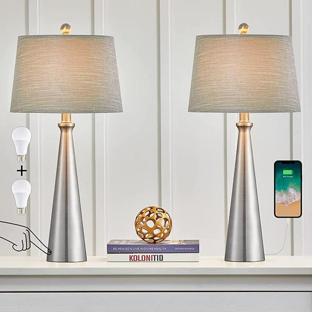 Oneach 3-Way Dimmable Touch Control Modern USB Table Lamp Set of 2 for Living Room Bedroom Bedside Nightstand Lamps Fabric Shade 25.8" Vintage Accent Light Silver