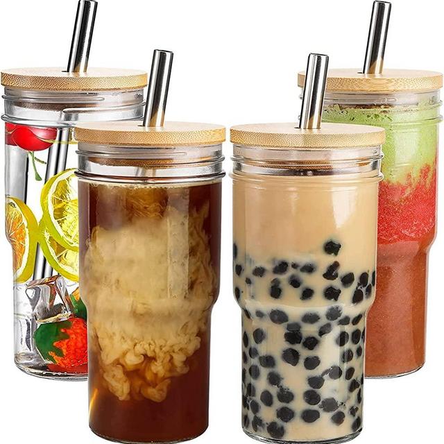 4 Pack Glass Tumbler Cups with Bamboo Lids and Straws,22oz Iced Coffee Cup Reusable Boba Cup Smoothie Cup Wide Mouth Mason Jar Drinking Glasses for Bubble Tea, Beer,Smoothie Large Pearl,Juice