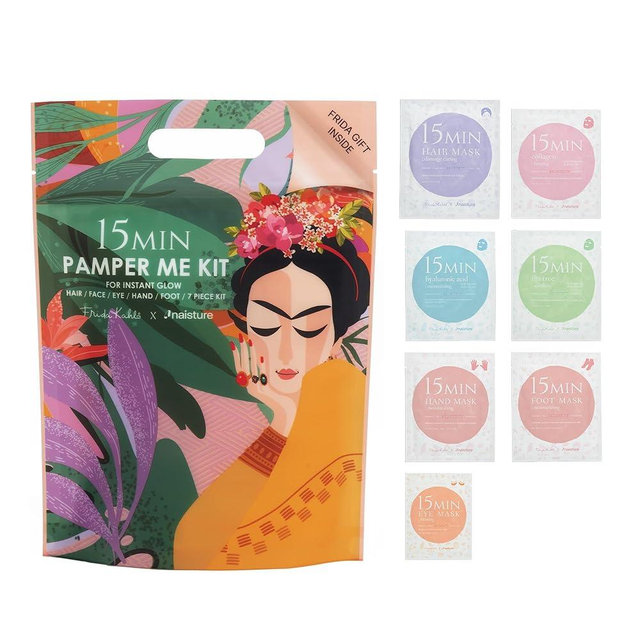 Naisture x Frida Kahlo 15 Min Pamper Me Kit Korean Spa Skincare Gift Set for Women-Head to Toe with Hair, Face, Eye, Hand, Foot Masks, & Bonus Item (8 pcs)