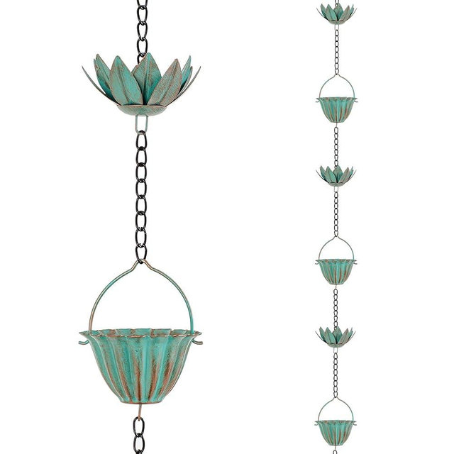 Qipade 10.4FT Lotus Rain Chains for Outside, Rain Gutter Chain with 16 Cups, Adjustable Rain Catcher Chain for Eaves Drainage, Replacement for Downspout