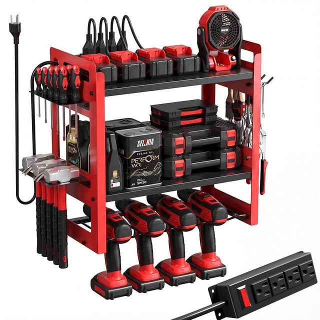 TOPRINCE Power Tool Organizer Wall Mount with Charging Station, 3-Tier Heavy Duty Metal Tool Rack with 4 Drill Holders and 6FT Power Strip, Garage Workshop Storage.Red
