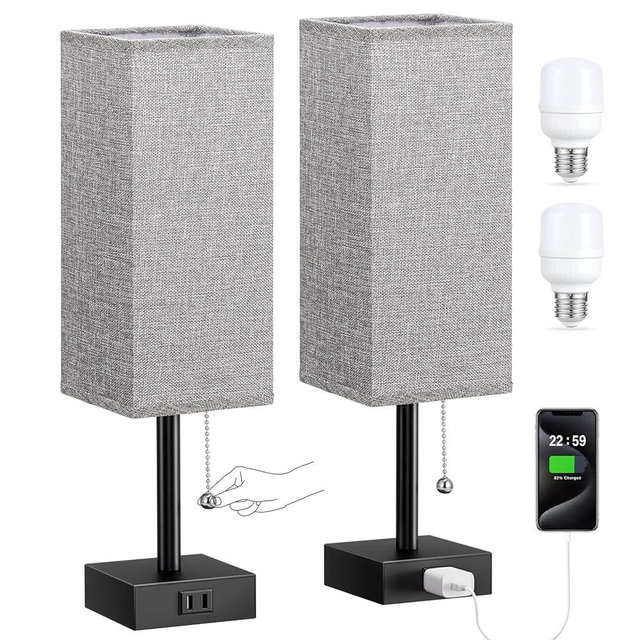 Grey Bedside Lamps for Bedroom Set of 2 - Small Nightstand Lamp with AC Outlet Charging Port, 3 Color Temperatures Rectangular Desk Light with Bulb, Tabletop Reading Lamp for Living Room/Dorm/Office