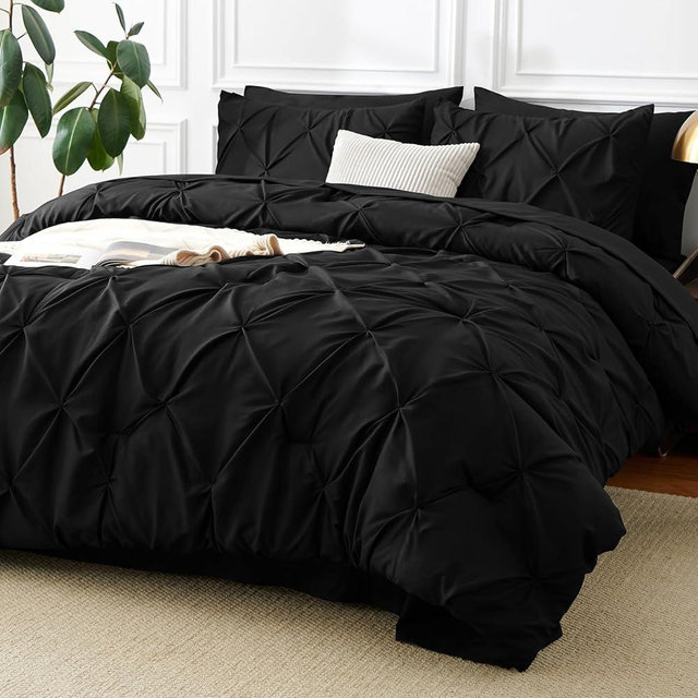 CozyLux Oversized Queen Comforter Sets Black, 7 Pieces Oversized Queen Pintuck Bed in A Bag, Pinch Pleat Bedding Sets with All Season Comforter, Flat Sheet, Fitted Sheet, Pillowcases & Shams