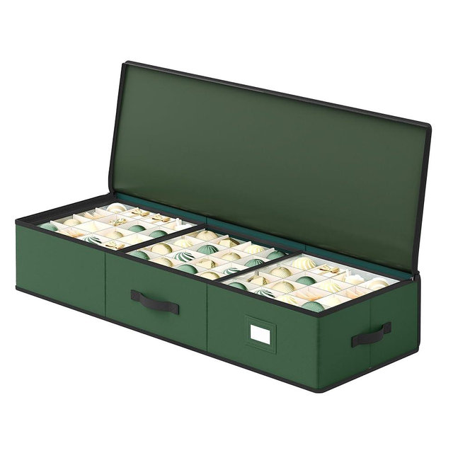 SONGMICS Christmas Ornament Storage Box, 96 Slots of 3 Inches, 38 x 13.2 x 6.9 Inches, Bauble Storage Box with Dividers, Oxford Fabric, Zippers, Side Handles, Under the Bed, Forest Green URFB042C01